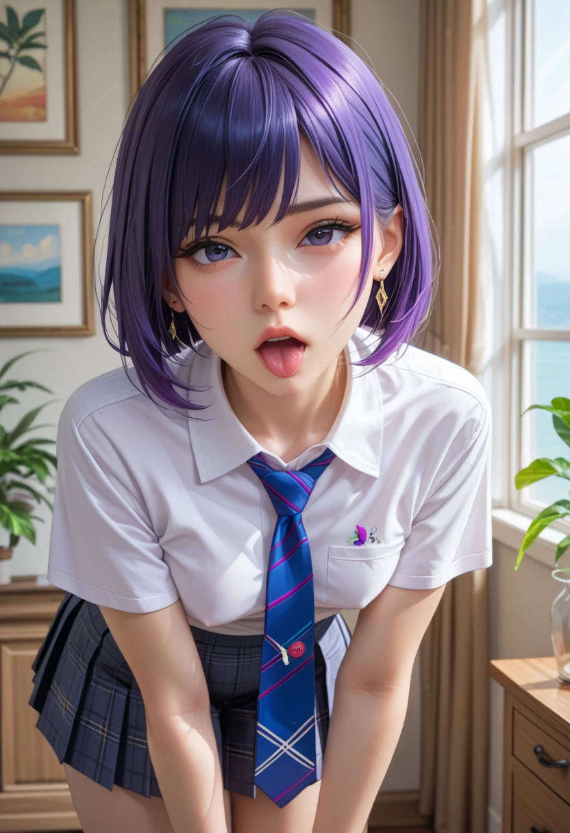 ((best quality)), ((highly detailed)), masterpiece, (detailed eyes, deep eyes), (1girl), dynamic angle, cowboy shot, mlprarity, woman, smile, looking at viewer, ((purple hair)), ((blue eyes)), naked, slight smile (indoor, classroom), uniform, pleated skirt, cardigan, white blouse, flashing breasts, ((exposed breasts, nipples)), graceful pose, removing dress, undressing, lifting skirt to reveal cotton panties, panties with a bow on front