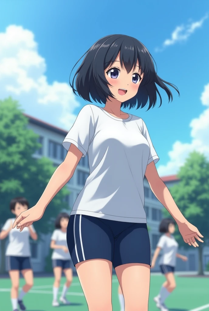 Realistic 4k image taken from profile (1 girl), Japanese, , perfect face, Symmetrical and cute face, (huge breasts:1.2),A sunny day with blue skies、A high school girl with short black hair and bob smiles and talks to her friends during a physical education class on the school grounds.。She is wearing a tight white gym uniform and tight navy blue shorts.、Wearing white socks and sneakers。My hair is swaying slightly in the wind、While worrying about her bangs falling on her cheeks、Having a pleasant conversation with a friend。Her face is bright、Her eyes are shining。In the background、The students, also wearing gym clothes, divided into several groups、The video shows the players playing catch and stretching。Deep in the grounds、White school buildings and green trees々I can see、A scene that makes you feel  the cold wind of autumn。The smiles of high school girls attract the attention of viewers.、It gives a lively and fresh impression.。 realistic