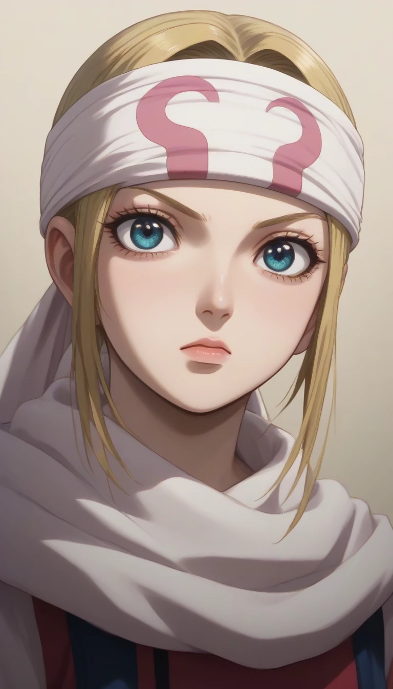 (((Fumina Hoshino))) blonde hair blue eyes score_9, score_8_up, score_7_up, 1girl, kyoukai cowl (((headband))) body guard    oval face  half portrait 