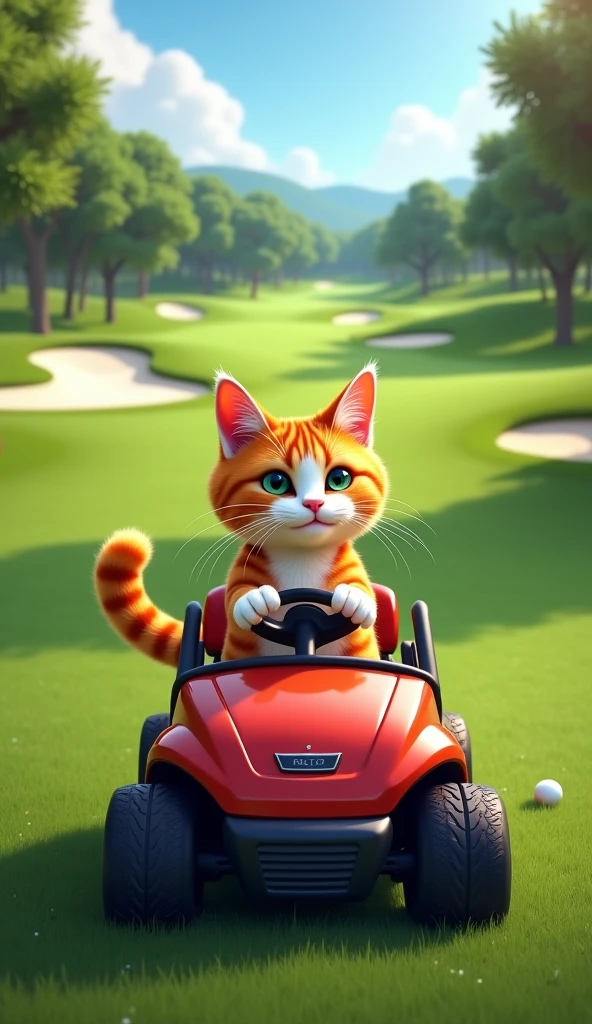 Cat driving golf cart in a golf field