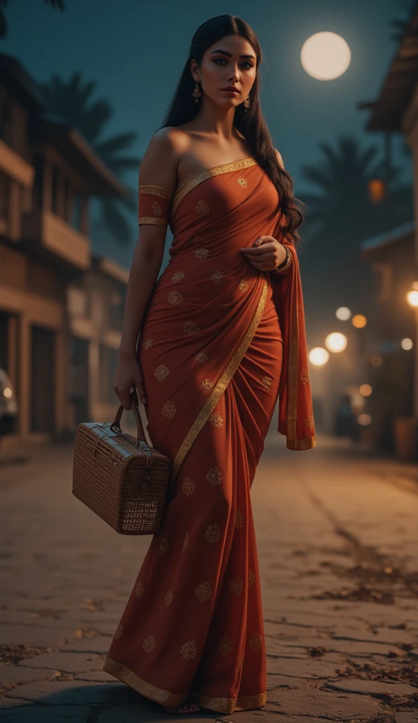 Numerous award-winning masterpiece, with incredible detail, textures and maximum detail), (hyper realistic:1.4), (full-body image:1.6),(beautiful Indian female:1.7), walking on village street,(model photography pose:1.5), {{full body head to toe}} (32 sexy curvy body:1.5), (reddish fair skin tone:1.3), (wearing saree and off shoulders tight blouse:1.2), ) (black long hair blown by the wind:1.2) (wind effect) (best quality real texture skin), (finely detailed true circle eyes), (finely Detailed and beautiful face that is out of this world:1.6), (The challenging look of the proud warrior), (She has serious gaze in her eyes and a grin on her face:1.3), (Beautiful eyes that sparkle and shine), (Dramatic moon Light),(A majestic sight), (((dramatic photo))),(night time), ((dramatic pose)), (flamboyant photo), (golden hair), epic realistic, faded, art, (art station:1.5), cinematic,(hdr:1.5), hyper detailed, dramatic light, (intricate details:1.1), {{Forest}} background