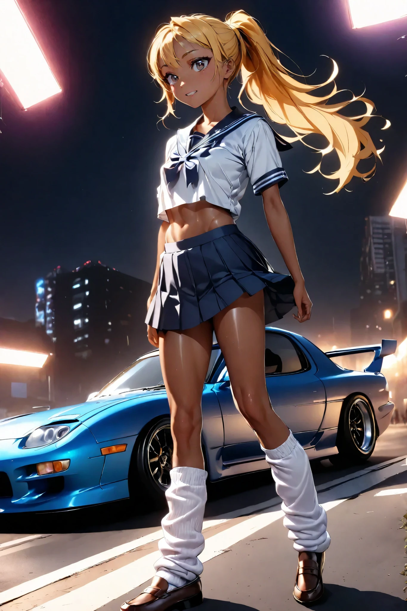 One bad high school girl posing next to a tuned MAZDA RX7, Sailor suit, loose socks, loafers, glossy brown skin, small breasts, video, Yellow Hair, ponytail,  abs、 Textured Skin,  high detail,  movie light effect,  anatomically correct,  best quality , 