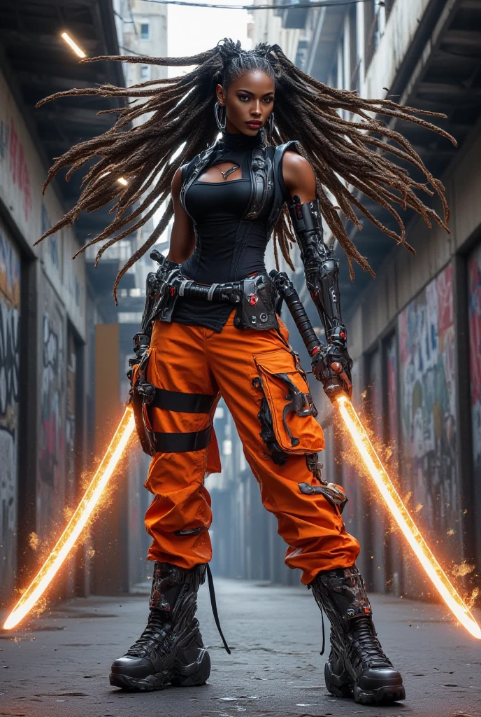 score_9, score_8_up, score_7_up, 1 beautyful woman, african skin, big black dreads hair, red cybernetic arms, black cropped, holding red katana, fighting, strong body, tall, black jeans, cyberpunk city background, full body