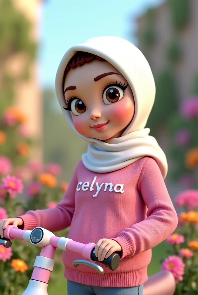  A beautiful woman, wearing a white hijab,wearing a pink sweater , on the front of her sweater there is an inscription  "celyna", there is a white and pink electric bike next to the woman, garden background with many beautiful flowers ,cute 3d animation 