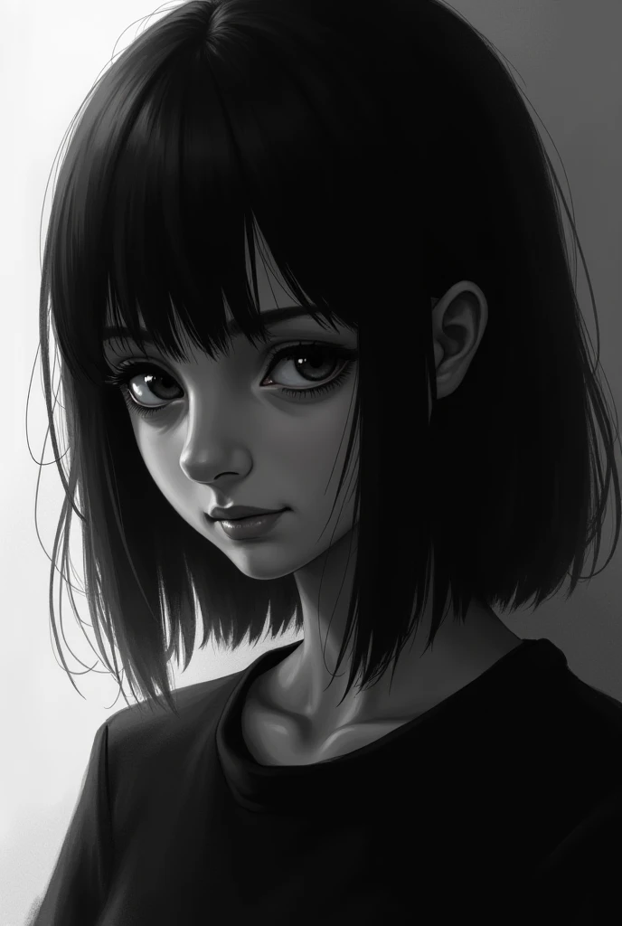 1 boyish girl, solo, bags under eyes, monochrome, greyscale, short black hair, portrait, T-shirt, closed mouth, looking at viewer, sketch, graphite \(medium\), detailed lips, hatching \(texture\), without makeup, bangs, upper body, (best illustration), (best quality), (very detailed), (masterpiece), expressionless,