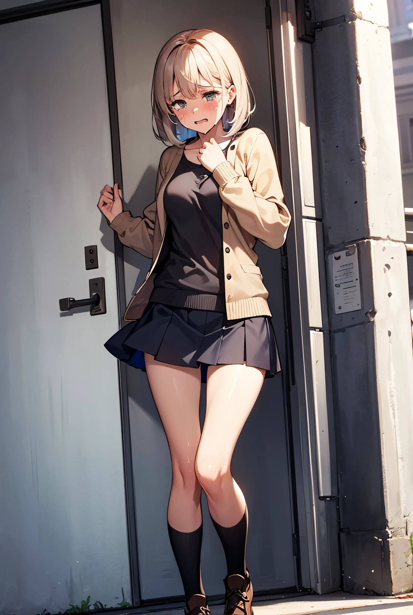 A girl in a short skirt is crying