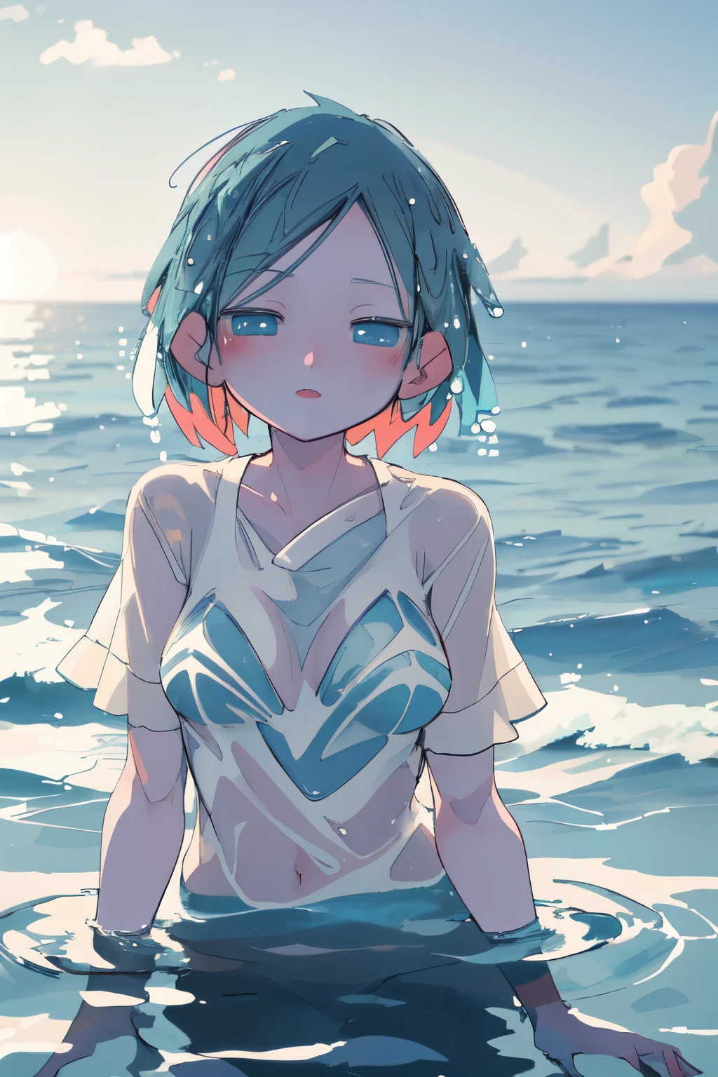 Female anime-style character in the water ., ( kind expression :1.1), Blue eyes, white top, ( Ripple effect of water around the body.:1.3), Sunlight reflecting on the water, clear sky , Subtle splashes of water , high resolution digital art , soft color palette , Peaceful atmosphere, ( serene ocean background :1.1), Realistic water texture