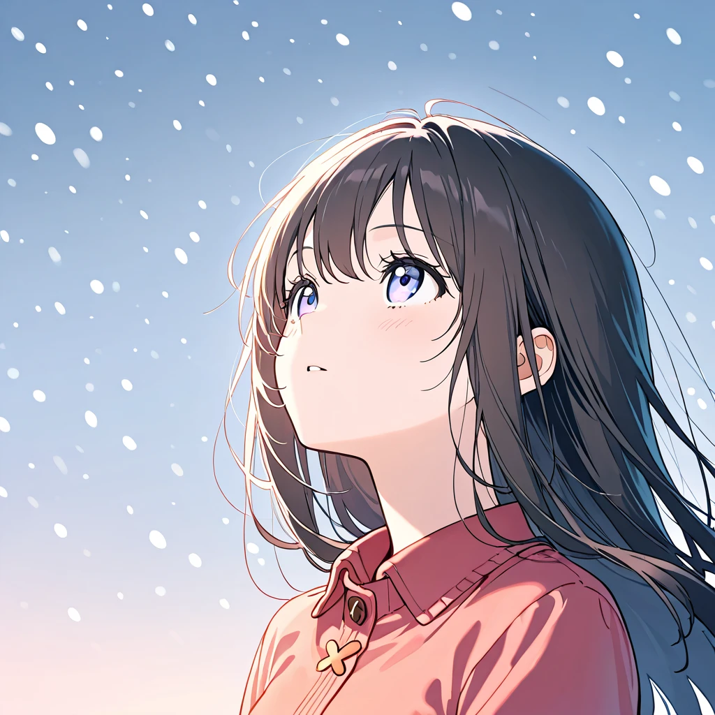  from the side 1 girl ,  High Resolution , The background is snowing, looking up diagonally, eye contact, the main angle of the upper body, cute appearance