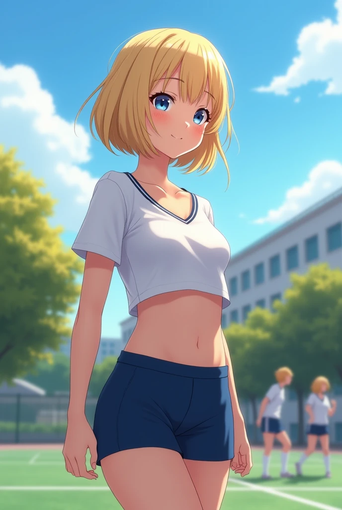 Realistic 4k image taken from profile (1 girl), Russian, , perfect face, Symmetrical and cute face, (huge breasts:1.2),A sunny day with blue skies、A high school girl with short blonde bob hair smiles and talks to her friends during a physical education class on the school grounds.。She is wearing a tight white gym uniform and tight navy blue shorts.、Wearing white socks and sneakers。My hair is swaying slightly in the wind、While she was worrying about her bangs falling on her cheeks、Having a pleasant conversation with a friend。Her face is bright、Her eyes are shining。In the background、The students, also wearing gym clothes, divided into several groups、The video shows the players playing catch and stretching。Deep in the grounds、White school buildings and green trees々I can see、A scene that makes you feel  the cold wind of autumn。The smiles of high school girls attract the attention of viewers.、It gives a lively and fresh impression.。 realistic