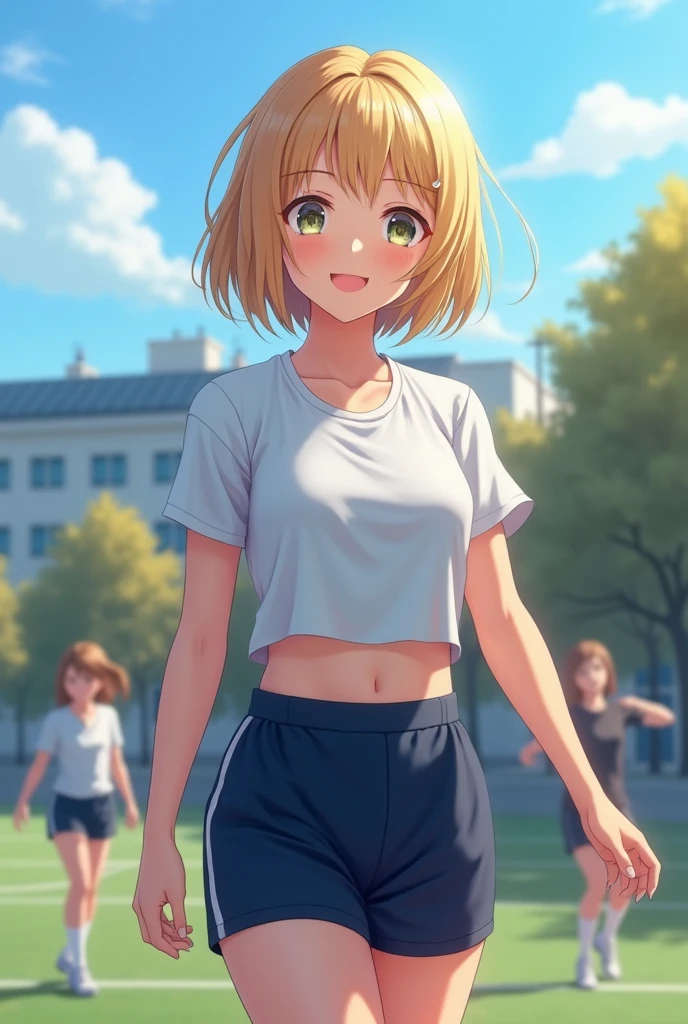 Realistic 4k image taken from profile (1 girl), Russian, , perfect face, Symmetrical and cute face, (huge breasts:1.2),A sunny day with blue skies、A high school girl with short blonde bob hair smiles and talks to her friends during a physical education class on the school grounds.。She is wearing a tight white gym uniform and tight navy blue shorts.、Wearing white socks and sneakers。My hair is swaying slightly in the wind、While she was worrying about her bangs falling on her cheeks、Having a pleasant conversation with a friend。Her face is bright、Her eyes are shining。In the background、The students, also wearing gym clothes, divided into several groups、The video shows the players playing catch and stretching。Deep in the grounds、White school buildings and green trees々I can see、A scene that makes you feel  the cold wind of autumn。The smiles of high school girls attract the attention of viewers.、It gives a lively and fresh impression.。 realistic