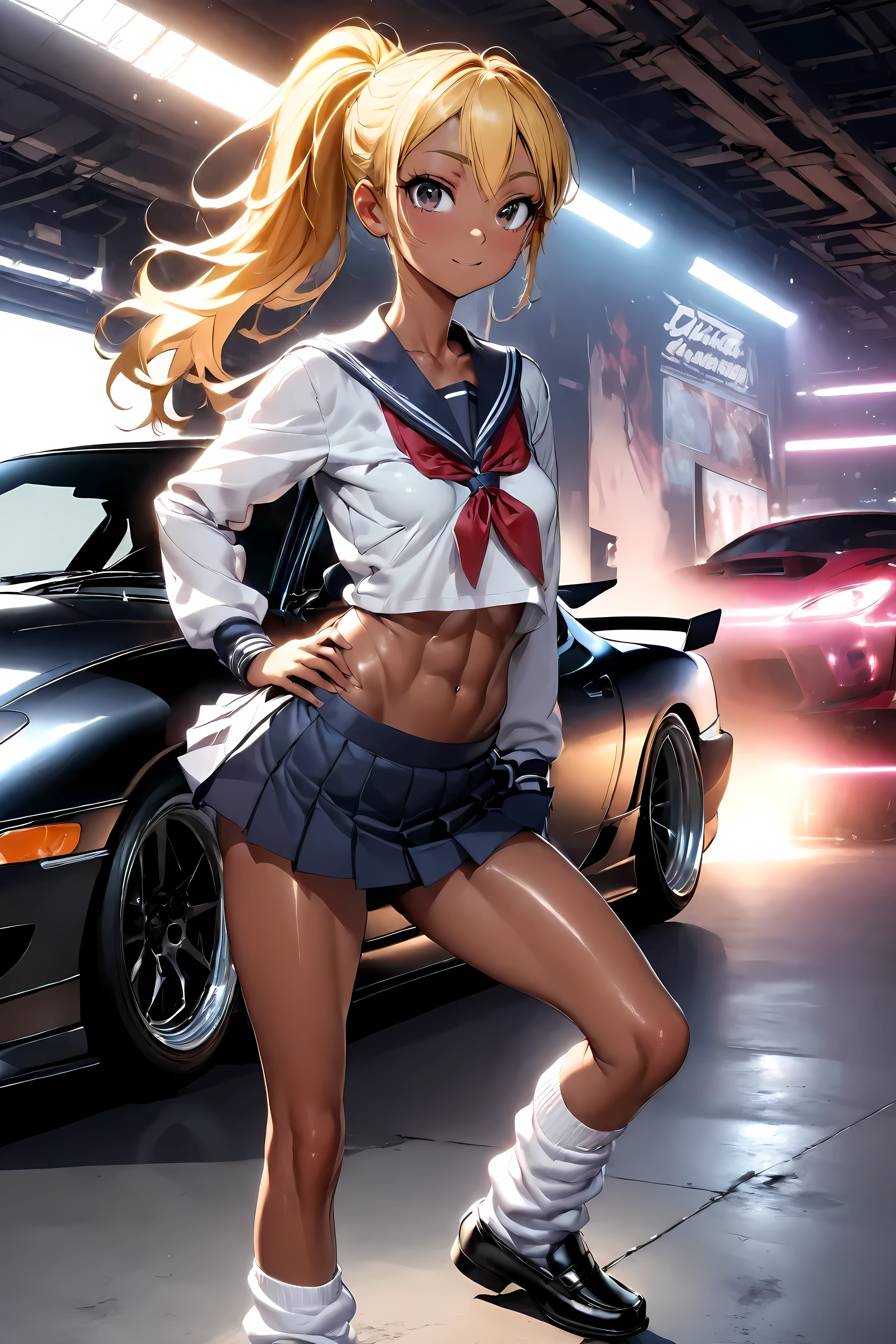 One bad high school girl posing next to a tuned MAZDA RX7, Sailor suit, loose socks, loafers, glossy brown skin, small breasts, video, Yellow Hair, ponytail,  abs、 Textured Skin,  high detail,  movie light effect,  anatomically correct,  best quality , 