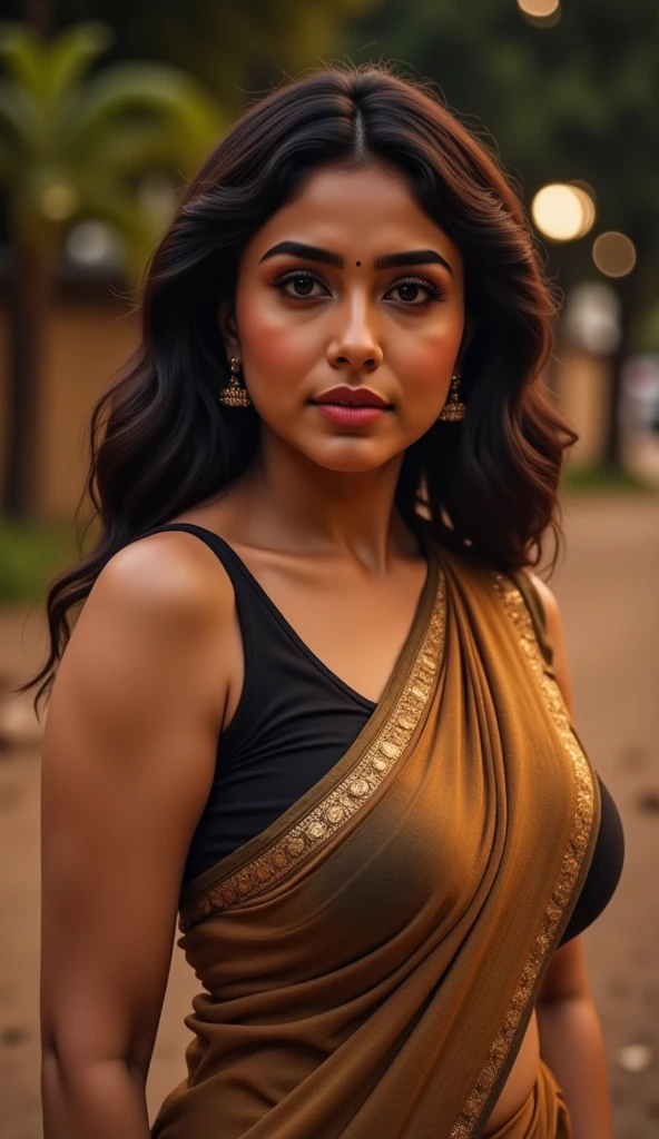 Numerous award-winning masterpiece, with incredible detail, textures and maximum detail), (hyper realistic:1.4), (full-body image:1.6),(beautiful Indian female:1.7), walking on village street,(model photography pose:1.5), {{full body head to toe}} (32 sexy curvy body:1.5), (reddish fair skin tone:1.3), (wearing saree and off shoulders tight blouse:1.2), ) (black long hair blown by the wind:1.2) (wind effect) (best quality real texture skin), (finely detailed true circle eyes), (finely Detailed and beautiful face that is out of this world:1.6), (The challenging look of the proud warrior), (She has serious gaze in her eyes and a grin on her face:1.3), (Beautiful eyes that sparkle and shine), (Dramatic moon Light),(A majestic sight), (((dramatic photo))),(night time), ((dramatic pose)), (flamboyant photo), (golden hair), epic realistic, faded, art, (art station:1.5), cinematic,(hdr:1.5), hyper detailed, dramatic light, (intricate details:1.1), {{Forest}} background