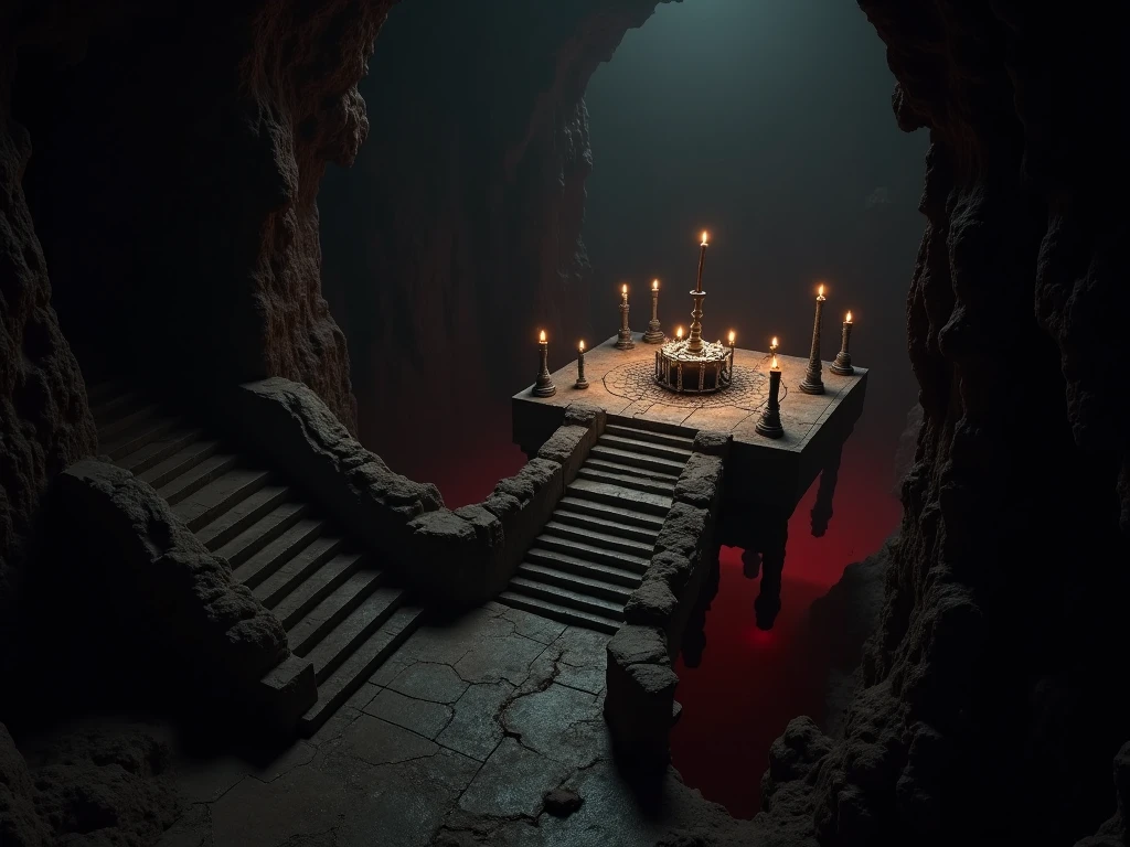 A cult ritual site in a large underground cavern cave with a wide stone stair leading up to a elevated rectangular platform with a alter in the middle with candles around it, with a large empty dark void cavernous pit behind the rectangular platform alter with faint red light emitting from the pits from the Arkham Horror franchise, hyper realistic, actually like the picture but in a cinematic horror movie scene.