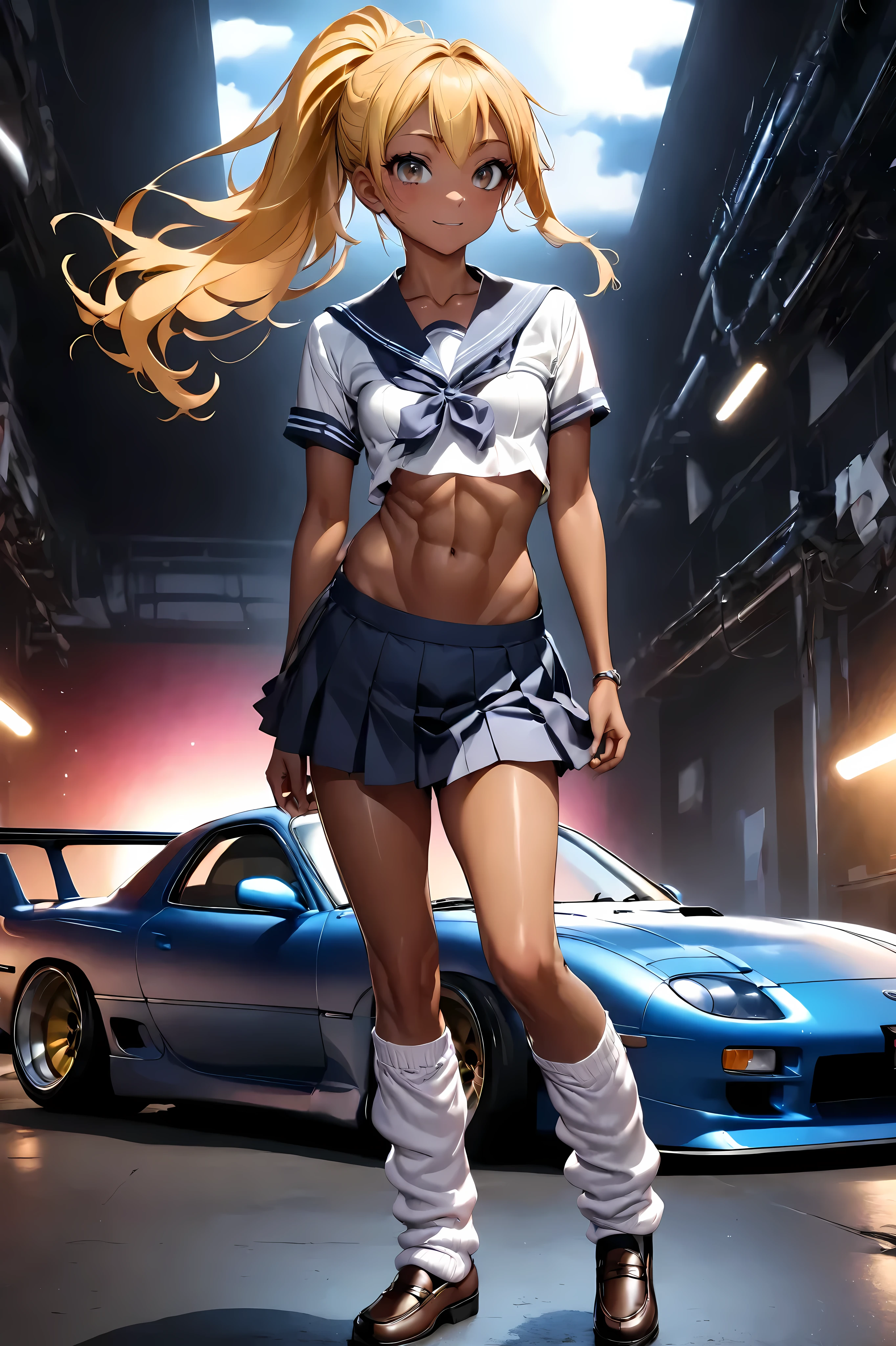 One bad high school girl posing next to a tuned MAZDA RX7, Sailor suit, loose socks, loafers, glossy brown skin, small breasts, video, Yellow Hair, ponytail,  abs、 Textured Skin,  high detail,  movie light effect,  anatomically correct,  best quality , 