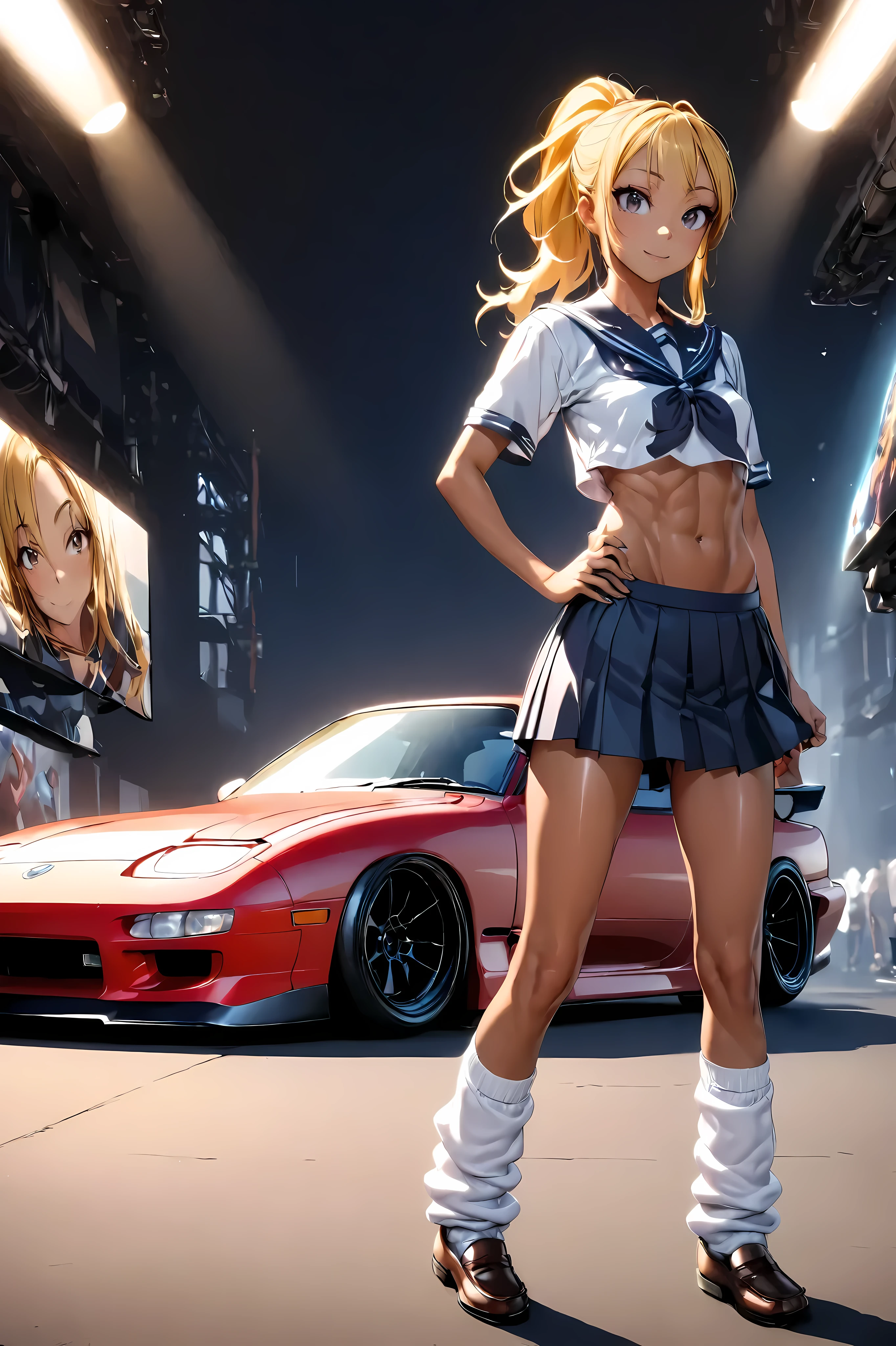 One bad high school girl posing next to a tuned MAZDA RX7, Sailor suit, loose socks, loafers, glossy brown skin, small breasts, video, Yellow Hair, ponytail, abs、 Textured Skin, high detail, movie light effect, anatomically correct, best quality ,