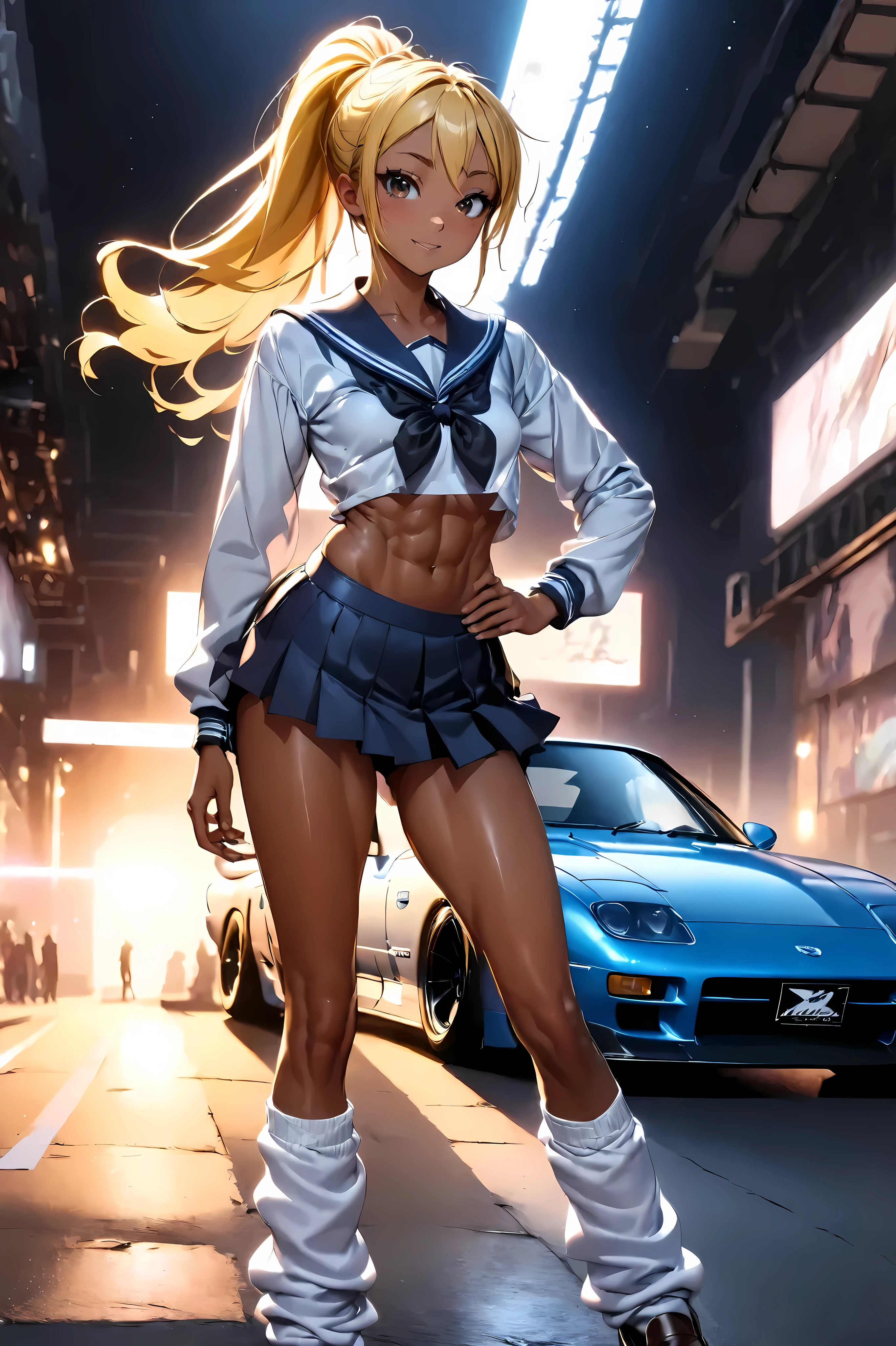 One bad high school girl posing next to a tuned MAZDA RX7, Sailor suit, loose socks, loafers, glossy brown skin, small breasts, video, Yellow Hair, ponytail,  abs、 Textured Skin,  high detail,  movie light effect,  anatomically correct,  best quality , 