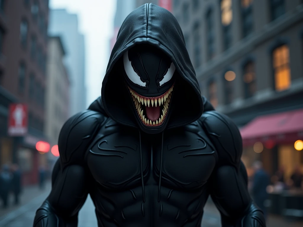 cinematic film still of <lora:Cyberpunk Style:1>
a venom man in a costume with a glowing mask,bionic,transhuman,Dystopia,Dystopian,kakotopia,Science fiction,high tech,low life,societal collapse,Artificial,Posthuman,future,futuristic,Artificial intelligence,Cyborg,genetically-enhanced humans,sci-fi,Cyberpunk Style,solo,1boy,jacket,male focus,teeth,tongue,belt,hood,tongue out,blurry,hoodie,blurry background,sharp teeth,hooded jacket,claws,long tongue,alien , Cyberpunk Style, shallow depth of field, vignette, highly detailed, high budget, bokeh, cinemascope, moody, epic, gorgeous, film grain, grainy