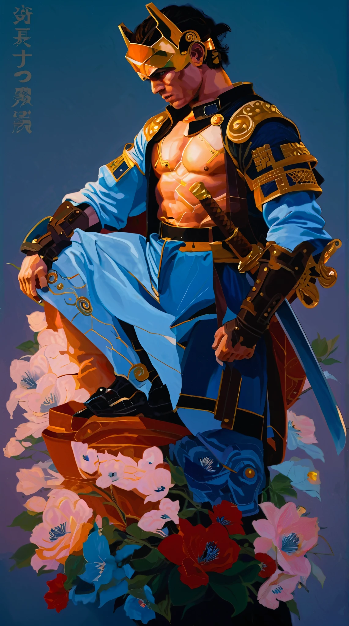 chiaroscuro technique on sensual illustration of an masculine, 26-year-old Italian male model, handsome Roman, (John Cena) he is the god of war, he is Ares, Mars, evil-looking, strong look, light blue eyes, strong jawline, dressed as a gladiator, ancient gladiator, male gladiator skirt, matte painting, by Harumi Hironaka, extremely soft colors, vibrant, pastel, highly detailed, digital artwork, high contrast, golden dramatic, refined, tonal, an intimate, seductive studio setting with a focus on sensuality and romance. Utilize soft, warm lighting that bathes the space in a gentle, inviting glow. Incorporate luxurious fabrics, plush furnishings, and a touch of decadence to evoke an opulent ambiance. The scene should exude an air of serenity and anticipation, inviting the viewer into a sensual and romantic space
