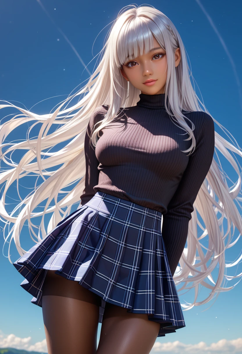 tmasterpiece、best qualtiy、hyper-detailing、Realistic painting、Beautiful women、Individual performances、Tennis outfits、Pink polo shirt、White sneakers、white mini-skirt、Long hair shawl、Silvery hair、blue color eyes、Seductive smile、Dynamic lighting effects、High-definition image quality、sharp fokus、Depth of field effect、Plump breasts。