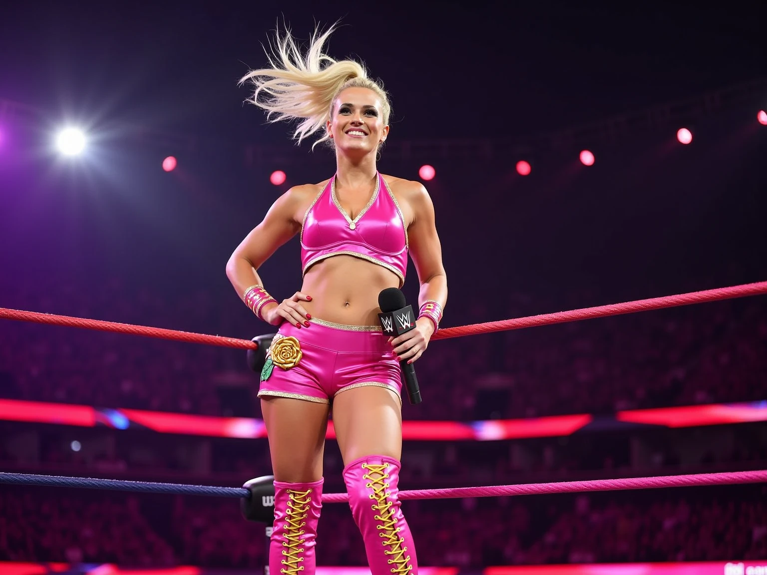 a beautiful skinny punk-rock female pro-wrestler smiles playfully and shows off her ass to the camera, blonde hair, pale skin, dark eyeshadow, heavy mascara, pink bra, tiny pink plaid skirt, wristbands, thong, fishnet stockings, black boots, WWE pro-wrestling ring