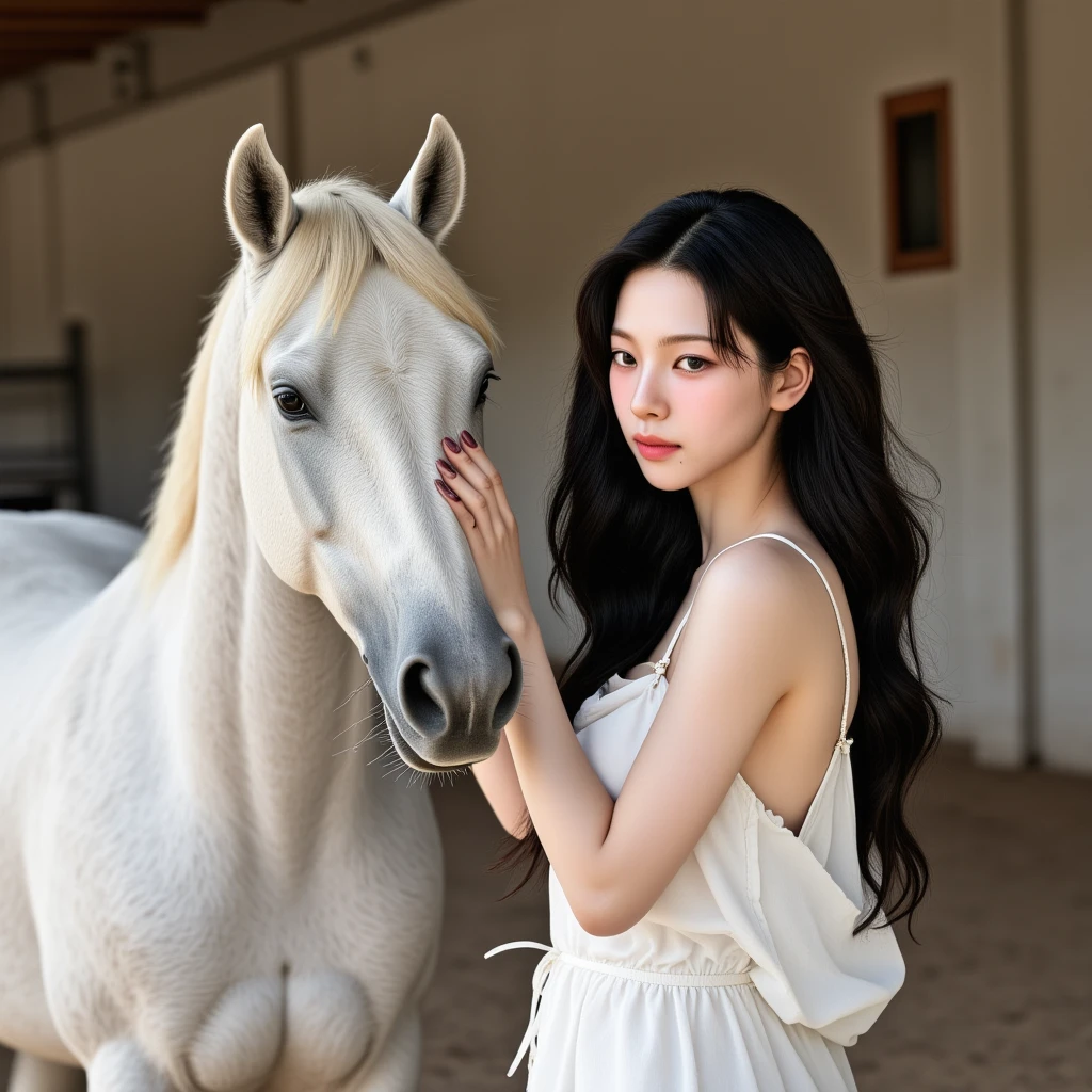 Create a 19-year-old Instagram template , a very realistic and detailed photo of a beautiful Swiss girl , cleavage, perfect makeup , long straight black hair, high quality, photorealistic , elegant, trusting, blue eyes, full lips , olive skin, detailed realistic face , long hair pants, Create an ultra-realistic image , imagem em alta definição 4K de um deslumbrante modelo do Instagram de 19 anos escovando um cavalo branco de blue eyes em um estábulo moderno e minimalista. Good lighting. She is wearing a loose white dress with thin straps and brown boots, Minimalist gold jewelry . Her expression is relaxed as she brushes through the horse's shiny coat.. The background features light wooden stalls , There are burdens , and a calm, cozy atmosphere of a luxurious and minimalist stable ."
