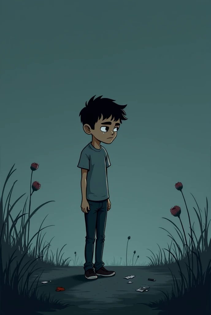 Illustration of a boy with purple flowers and a dark and desolate environment
