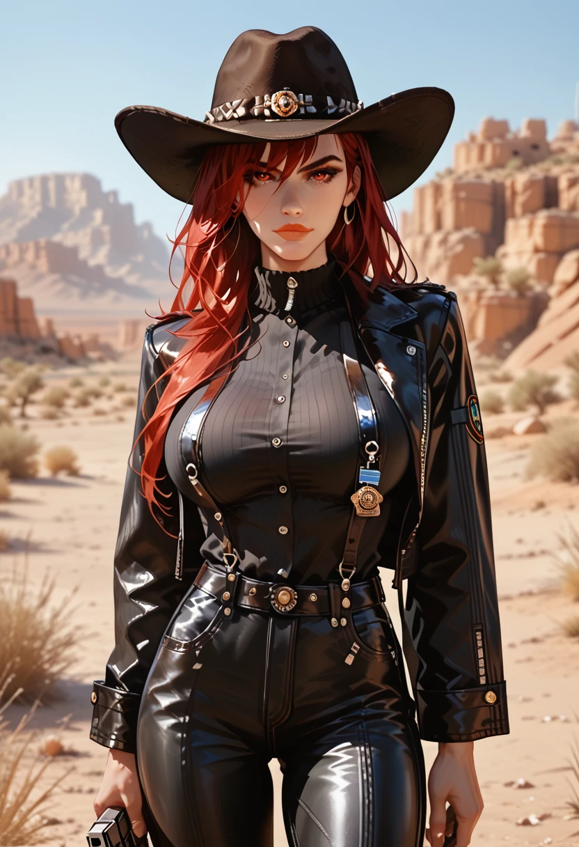 masterpiece, best quality, newest, absurdres, highres, 1girl, mavkRnd, symbol-shaped pupils, red eyes, large breasts, red hair, long hair, ahoge, alternate costume, 
cowboy hat, fake moustache, black shirt, leather coat, black shirt, grey stripes, vertical stripes, sheriff badge, bandolier, black pants, leather pants, pistol holster, cowboy boots, outdoors, desert