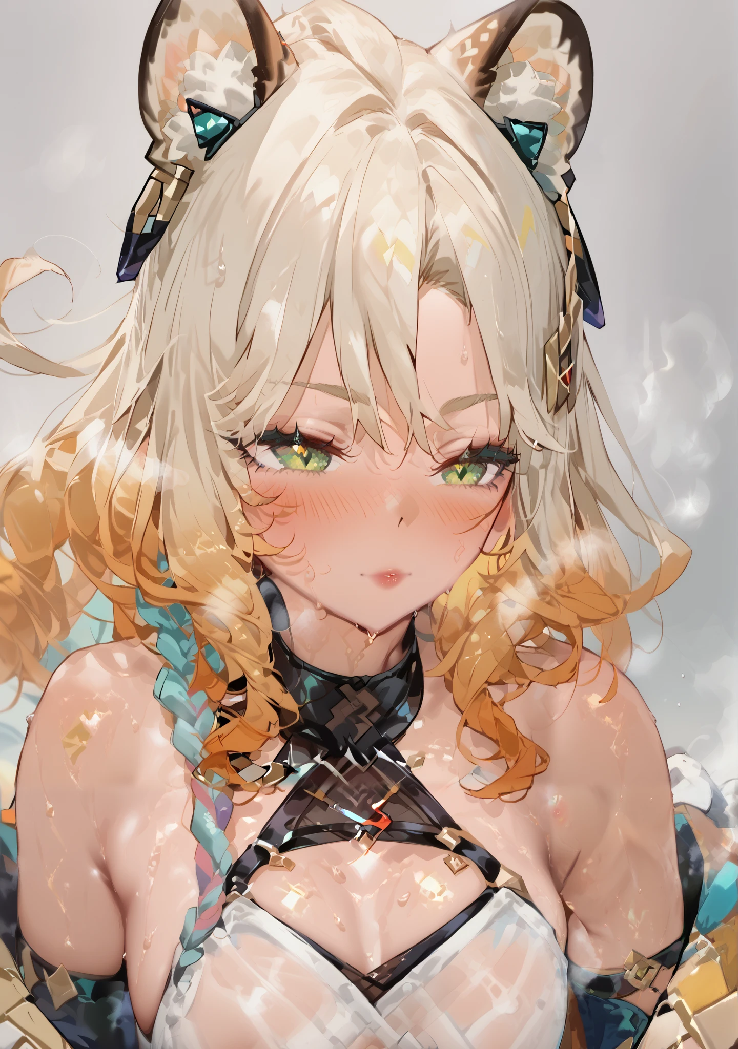 score_9, score_8_up, score_7_up, 1 woman, Xilonen_(genshin_impact), (high detailed face and clothes), flood style, steam, steaming body, (random sexy pose), sweat, high resolution, deep breath, grey background, solo, blush, (small puffy breasts), sexy xilonen in white top and short blue shorts,