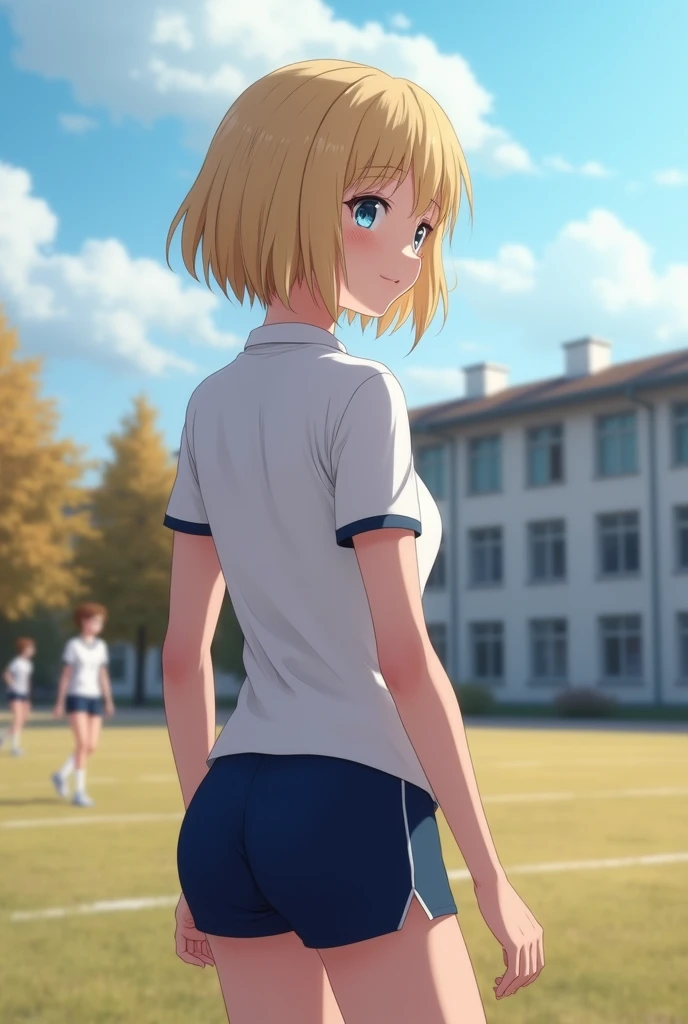 Realistic 4k image taken from behind (1 girl), Russian, , perfect face, Symmetrical and cute face, (huge breasts:1.2),A sunny day with blue skies、A high school girl with short blonde bob hair smiles and talks to her friends during a physical education class on the school grounds.。She is wearing a tight white gym uniform and navy blue tight shorts.、Wearing white socks and sneakers。My hair is swaying slightly in the wind、While she was worrying about her bangs falling on her cheeks、Having a pleasant conversation with a friend。Her face is bright、Her eyes are shining。In the background、The students, also wearing gym clothes, divided into several groups、The video shows the players playing catch and stretching。Deep in the grounds、White school buildings and green trees々I can see、A scene that makes you  feel the cold autumn wind。The smiles of high school girls attract the attention of viewers.、It gives a lively and fresh impression.。 realistic