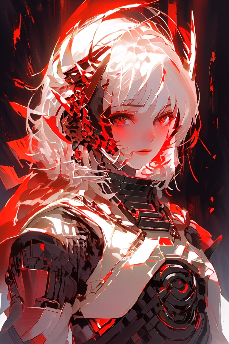 solo, 1girl, robot, red eyes, (short white hair), glowing, armor, helmet, male focus, mecha, science fiction, copyright name, character name, artist name