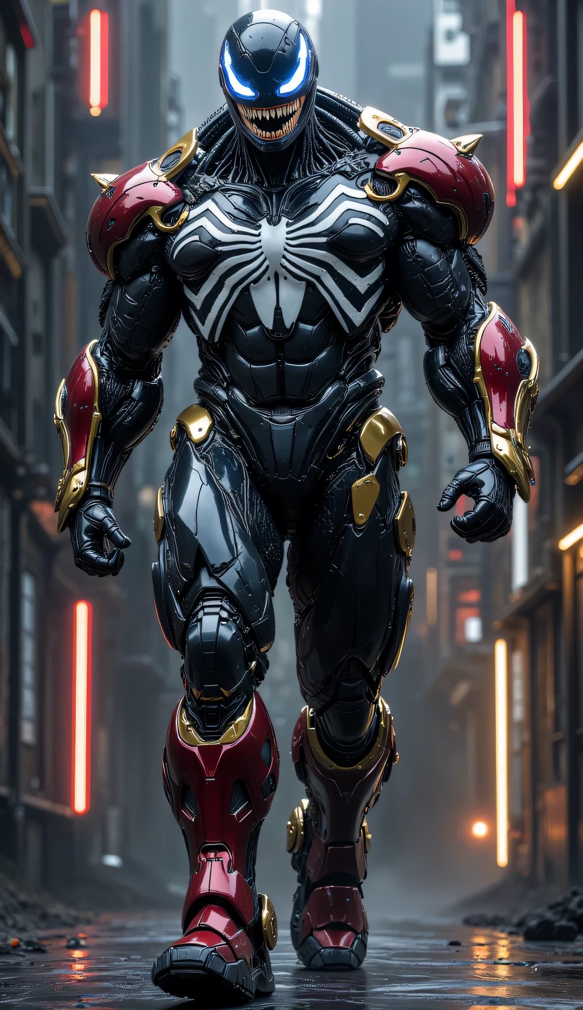 "A cinematic hybrid fusion of Venom and Ironman, walking confidently through a dark industrial cityscape. The character's muscular, powerful body combines Venom's organic black-and-white symbiote texture with Ironman's advanced red-and-gold armor. Glowing blue arc reactor accents are embedded seamlessly in its chest and limbs, adding a futuristic touch. The helmet merges Venom's monstrous grin with Ironman's sharp, sleek design, glowing blue eyes adding an intense focus. The dark industrial city is illuminated by neon lights, creating an atmosphere of both danger and heroism."