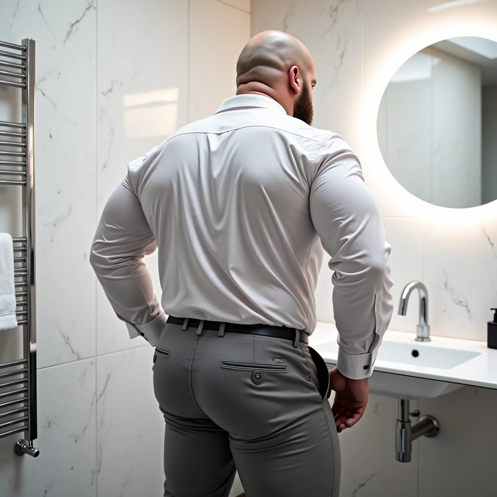 A medium shot from behind of a bald, beefy, stocky, muscular, bearded 6 feet tall, large and colossal, hyper muscle-swollen middle aged bodybuilder man standing in a modern, tiled bathroom. He is wearing a crisp, fitted white dress shirt that has visible creases and stretches across his broad back and arms, showing the tension in the fabric due to his posture. The shirt is slightly translucent under the bathroom's bright lighting, revealing a hint of skin tone through the fabric. The man’s grey dress pants fit tightly, showcasing creases and tension lines around the seat and upper thighs, indicating movement and the snugness of the material. The pants feature sleek, minimalist details, such as rear pockets with slim zippers or buttons.

The man is facing a bathroom sink, leaning slightly forward, with one hand possibly adjusting something near the countertop. In front of him, a circular, backlit mirror casts a soft, glowing halo effect against the polished marble tiles behind him. The tiles are primarily white with delicate grey marbling, contributing to the clean and modern aesthetic of the bathroom. A polished chrome towel warmer or radiator is mounted to the wall on the left side, partially visible in the frame, with a white hand towel draped over it. The sink and faucet are sleek, with a modern design, and a black soap dispenser or bathroom accessory sits on the right corner of the counter.

The overall atmosphere of the image is clean and sophisticated, with strong lighting emphasizing the details of the man’s outfit and the reflective surfaces of the bathroom.
