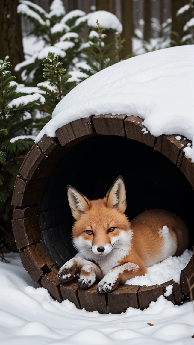  The little fox curls up in a hole and is sleeping.  There is a cozy sweet light in the hole . There is a forest outside , Lots of snow.