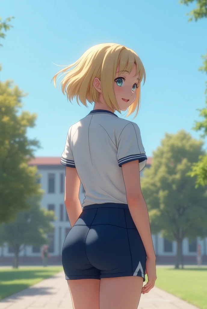 Realistic 4k image taken from behind (1 girl), Russian, , perfect face, Symmetrical and cute face, (huge breasts:1.2) (fleshy fat buttocks),A sunny day with blue skies、A high school girl with short blonde bob hair smiles and talks to her friends during a physical education class on the school grounds.。She is wearing a tight white gym uniform and navy blue tight shorts.、Wearing white socks and sneakers。My hair is swaying slightly in the wind、While she was worrying about her bangs falling on her cheeks、Having a pleasant conversation with a friend。Her face is bright、Her eyes are shining。In the background、The students, also wearing gym clothes, divided into several groups、The video shows the players playing catch and stretching。Deep in the grounds、White school buildings and green trees々I can see the students playing catch and stretching。  See、A scene that makes you feel the cold autumn wind。The smiles of high school girls attract the attention of viewers.、It gives a lively and 