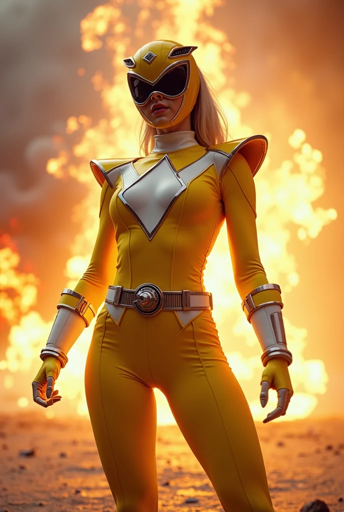 white korean girl, Blonde Hair, With futuristic armor and yellow technology, bandana, gloves, boots, Action movie poses, Yellow fire and smoke background in the bedroom, Detailed, Realistic, 10, motion picture.