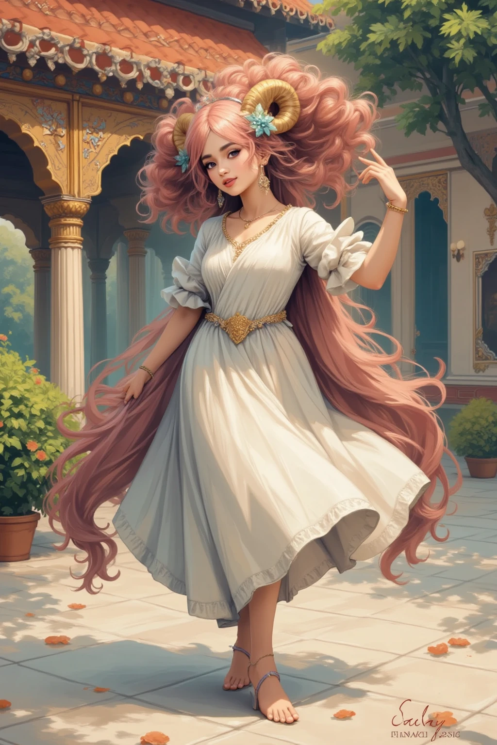 (( best quality )), ((masterpiece)), ( Details),  1girl , Her hair is pink and fluffy:1.2, Sheep's round horns:1.1, Thick eyebrows:1.2, Sally:1.3, Dancing Indian dance, Indian palace scenery:1.3