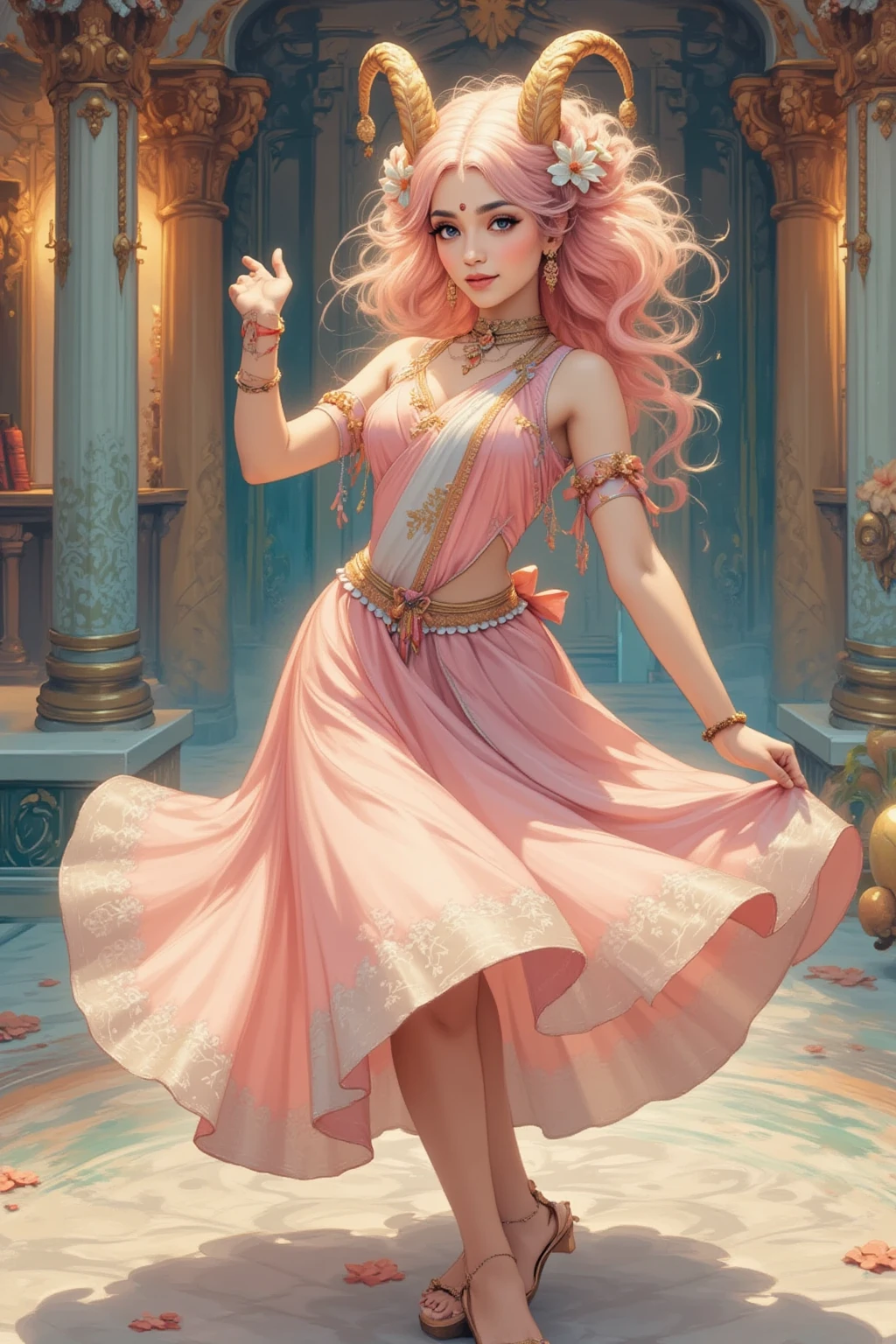 (( best quality )), ((masterpiece)), ( Details),  1girl , Her hair is pink and fluffy:1.2, Sheep's round horns:1.1, Thick eyebrows:1.2, Sally:1.3, Dancing Indian dance, Indian palace scenery:1.3