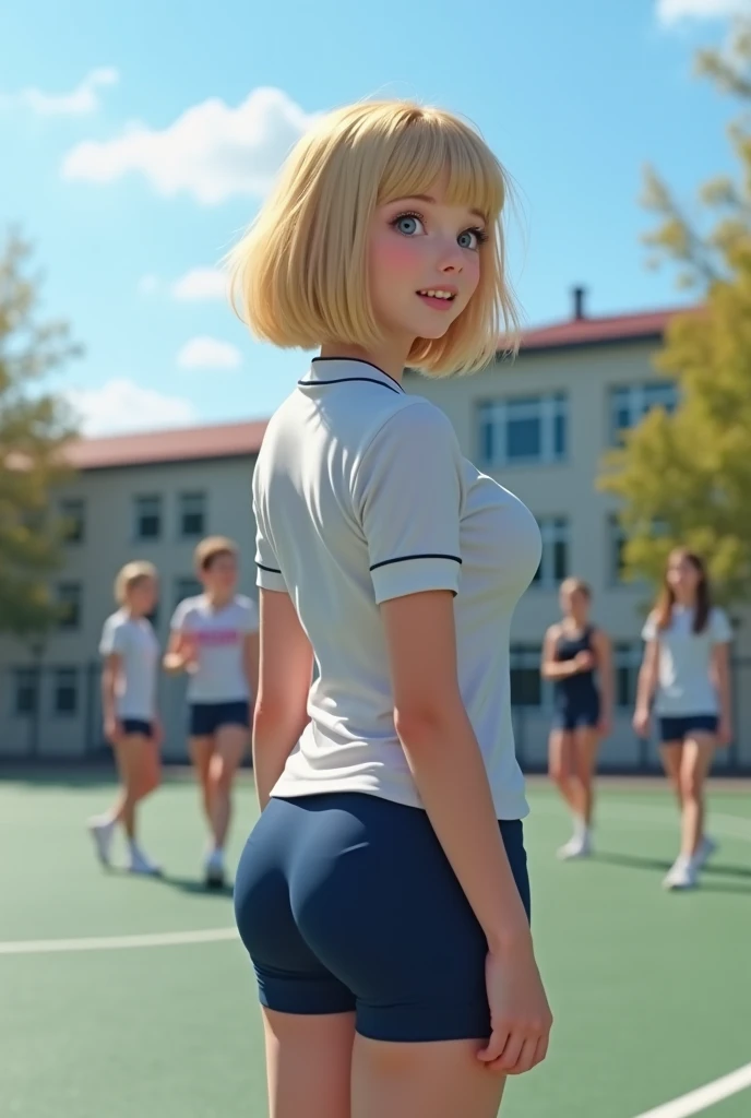 Realistic 4k image taken from behind (1 girl), Russian, 20s, perfect face, Symmetrical and cute face, (huge breasts:1.2) (fleshy fat buttocks),A sunny day with blue skies、A high school girl with short blonde bob hair smiles and talks to her friends during a physical education class on the school grounds.。She is wearing a tight white gym uniform and navy blue tight shorts.、Wearing white socks and sneakers。My hair is swaying slightly in the wind、While she was worrying about her bangs falling on her cheeks、Having a pleasant conversation with a friend。Her face is bright、Her eyes are shining。In the background、The students, also wearing gym clothes, divided into several groups、The video shows the players playing catch and stretching。Deep in the grounds、White school buildings and green trees々I can see the students playing catch and stretching。  See、A scene that makes you feel the cold autumn wind。The smiles of high school girls attract the attention of viewers.、It gives a lively and fresh imp