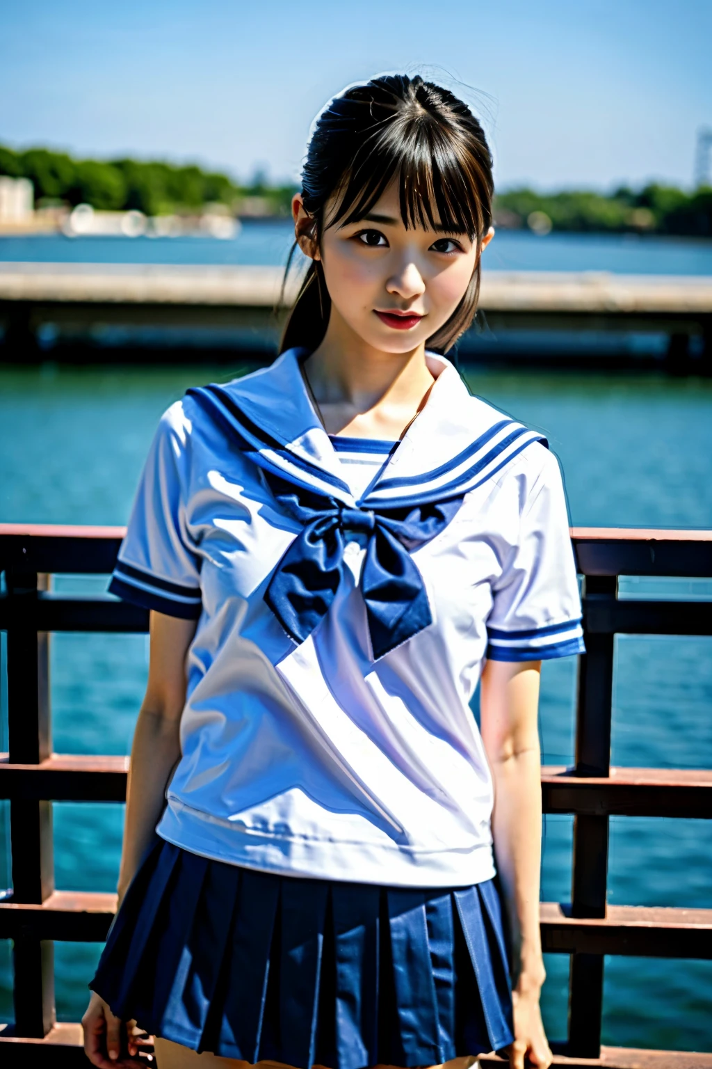 sailor suit, 8K, highest quality, masterpiece, Super detailed, ultra high resolution, realistic, RAW photo, absolute resolution, face is small compared to body, very small face, black hair, japanese school uniform, navy blue sailor uniform, Dark blue skirt, 3D rendering, realistic若い女子高生, ((white headband)), small breasts, expensive, slanted eyes, (flower field scenery), black stockings, open your mouth, bob cut, ❤🔥🍄🌪,
