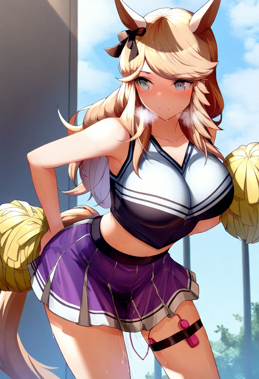 ((1 girl)), solo, ((umamusume)), (((Gold City))), standing,embarrassed, blush, steam, thigh, ((masterpiece)), (best quality), (absurdres), (ultra detailed), (very aesthetic), sweat, nsfw, big breasts, perspired, heavy breath, horse girl, bangs, green eyes, yellow eyes, very long hair, blonde hair, streaked hair, brown hair, purple eyes, horse ears, multicolored hair, parted bangs, long hair, animal ears, tail, swept bangs, blue eyes, horse tail, cheerleader, pom pom \(cheerleading\), pleated skirt, (vibrator in thigh strap, vibrator in pantie, (thigh strap), pussy juice, thighvibe), (((vibrator cord, cord inside pantie)))