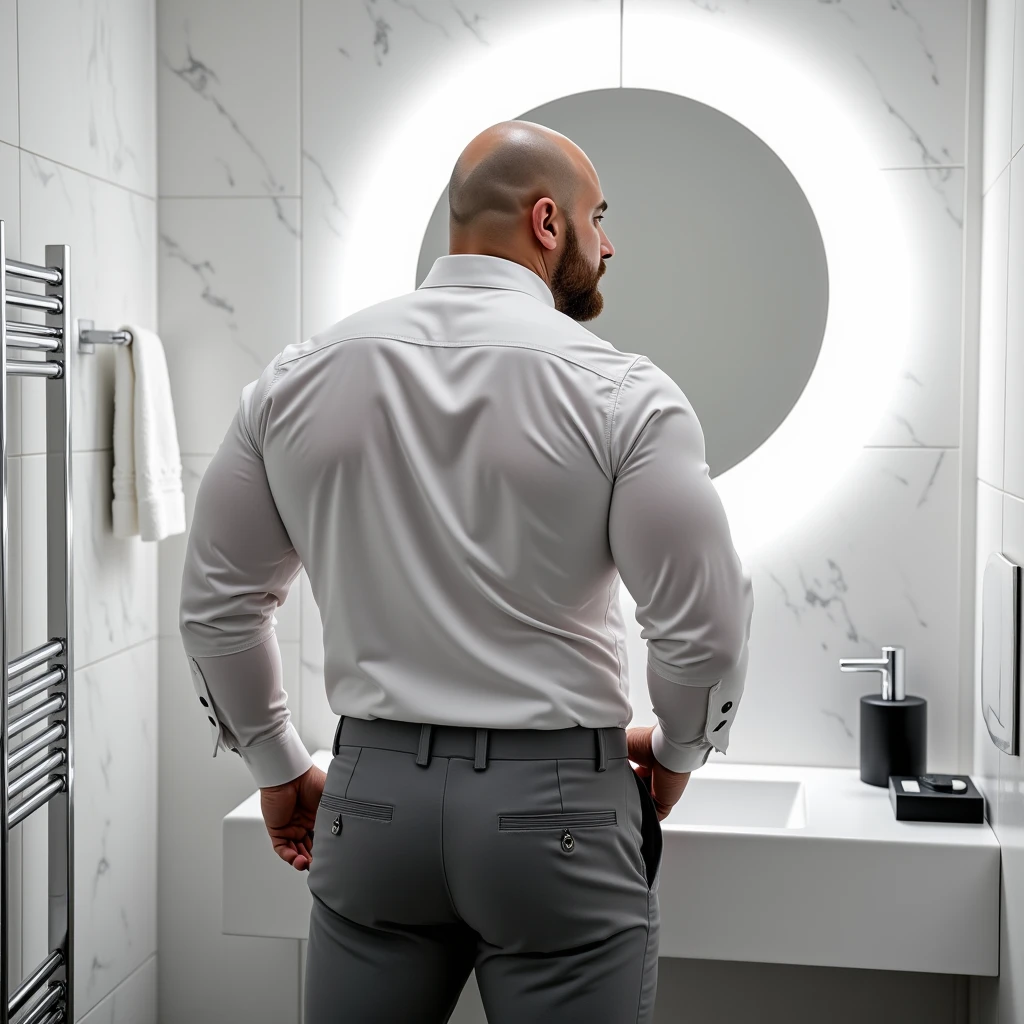 A medium shot from behind of a bald, beefy, stocky, muscular, bearded 6 feet tall, large and colossal, hyper muscle-swollen middle aged bodybuilder man standing in a modern, tiled bathroom. He is wearing a crisp, fitted white dress shirt that has visible creases and stretches across his broad back and arms, showing the tension in the fabric due to his posture. The shirt is slightly translucent under the bathroom's bright lighting, revealing a hint of skin tone through the fabric. The man’s grey dress pants fit tightly, showcasing creases and tension lines around the seat and upper thighs, indicating movement and the snugness of the material. The pants feature sleek, minimalist details, such as rear pockets with slim zippers or buttons.

The man is facing a bathroom sink, leaning slightly forward, with one hand possibly adjusting something near the countertop. In front of him, a circular, backlit mirror casts a soft, glowing halo effect against the polished marble tiles behind him. The tiles are primarily white with delicate grey marbling, contributing to the clean and modern aesthetic of the bathroom. A polished chrome towel warmer or radiator is mounted to the wall on the left side, partially visible in the frame, with a white hand towel draped over it. The sink and faucet are sleek, with a modern design, and a black soap dispenser or bathroom accessory sits on the right corner of the counter.

The overall atmosphere of the image is clean and sophisticated, with strong lighting emphasizing the details of the man’s outfit and the reflective surfaces of the bathroom.
