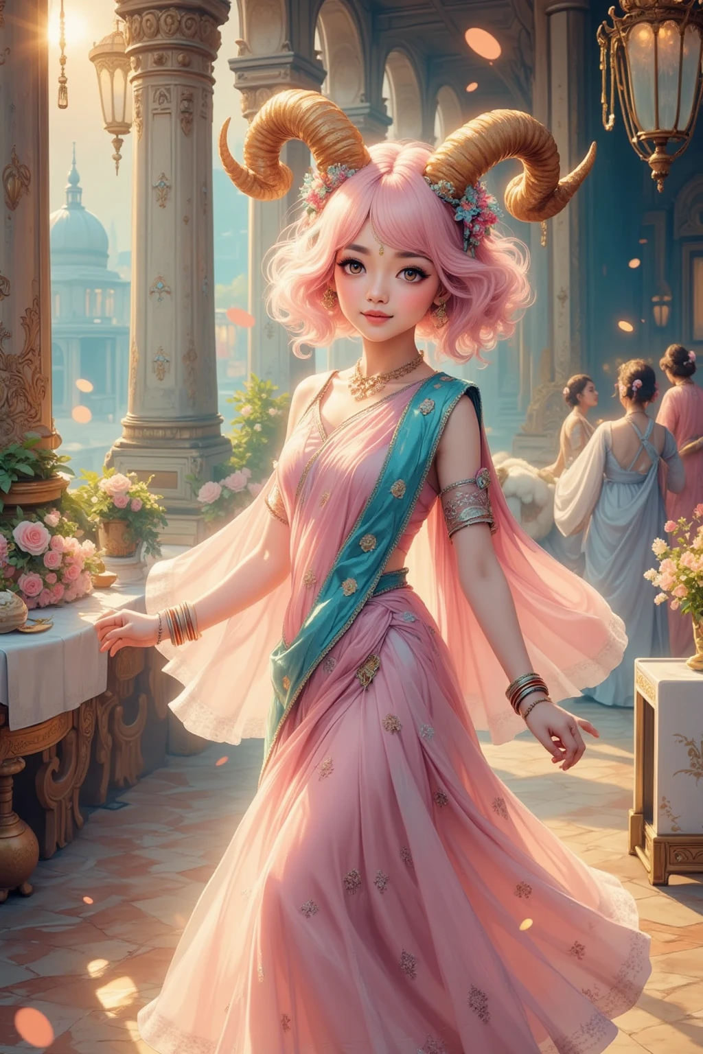 (( best quality )), ((masterpiece)), ( Details),  1girl , Her hair is pink and fluffy:1.2, Sheep's round horns:1.1, Thick eyebrows:1.2, Sally:1.3, Dancing Indian dance, Indian palace scenery:1.3