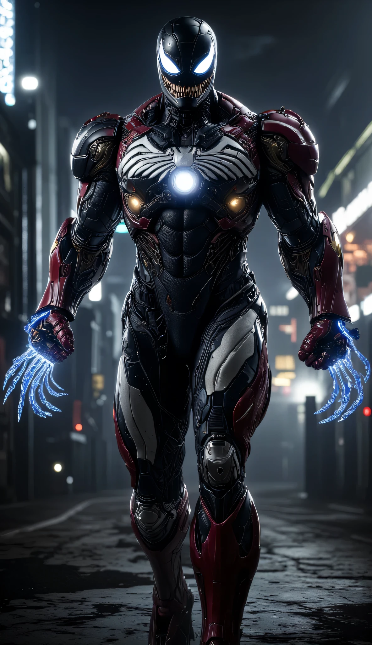 "A cinematic hybrid fusion of Venom and Ironman, walking confidently through a dark industrial cityscape. The character's muscular, powerful body combines Venom's organic black-and-white symbiote texture with Ironman's advanced red-and-gold armor. Glowing blue arc reactor accents are embedded seamlessly in its chest and limbs, adding a futuristic touch. The helmet merges Venom's monstrous grin with Ironman's sharp, sleek design, glowing blue eyes adding an intense focus. The dark industrial city is illuminated by neon lights, creating an atmosphere of both danger and heroism."