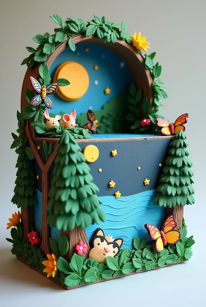  A shoe box decorated on the outside in nature style: the forest, sea, night sky, moon, Sun,  stars , animals, Butterflies... With several 3D decorations , School project