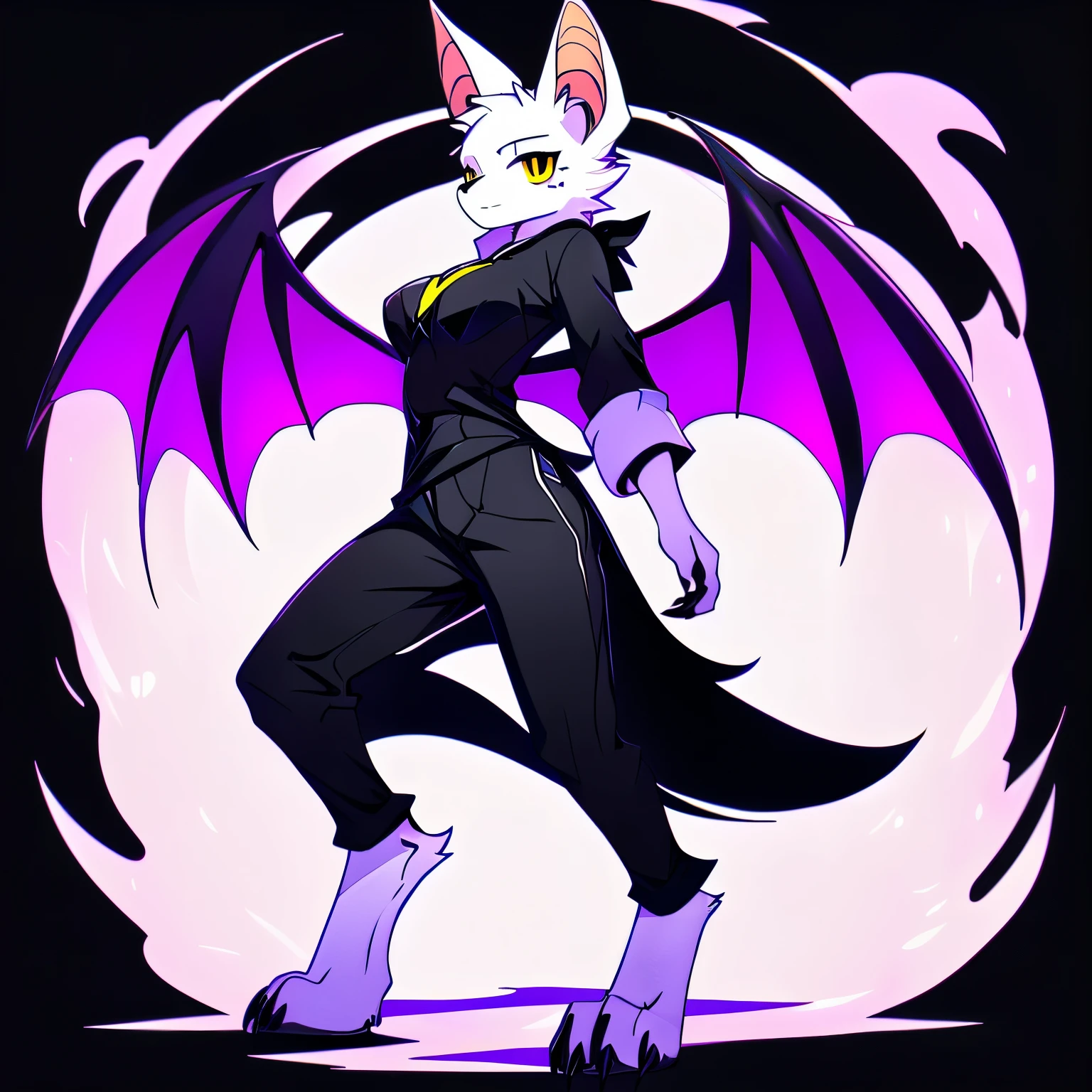 Anime, anime style, ((solo picture)), ((three-quarter view)), ((Facing away from viewer)), ((Looking to the side)), full body picture, ((female Anthro bat)), ((Tall figure)), ((buxom figure)), ((white skin)), clawed hands, clawed feet, ((huge bat wings)), ((Purple Bat Wings)), white bat ears, ((wearing a black outfit)), ((white face)), ((neutral expression)), bright yellow eyes, ((digitigrade legs)), ((digitigrade feet)), solid black background, highly detailed anime style, clean lines, white face, short white muzzle, white furry cheeks, white furry muzzle, ((wearing black pants))