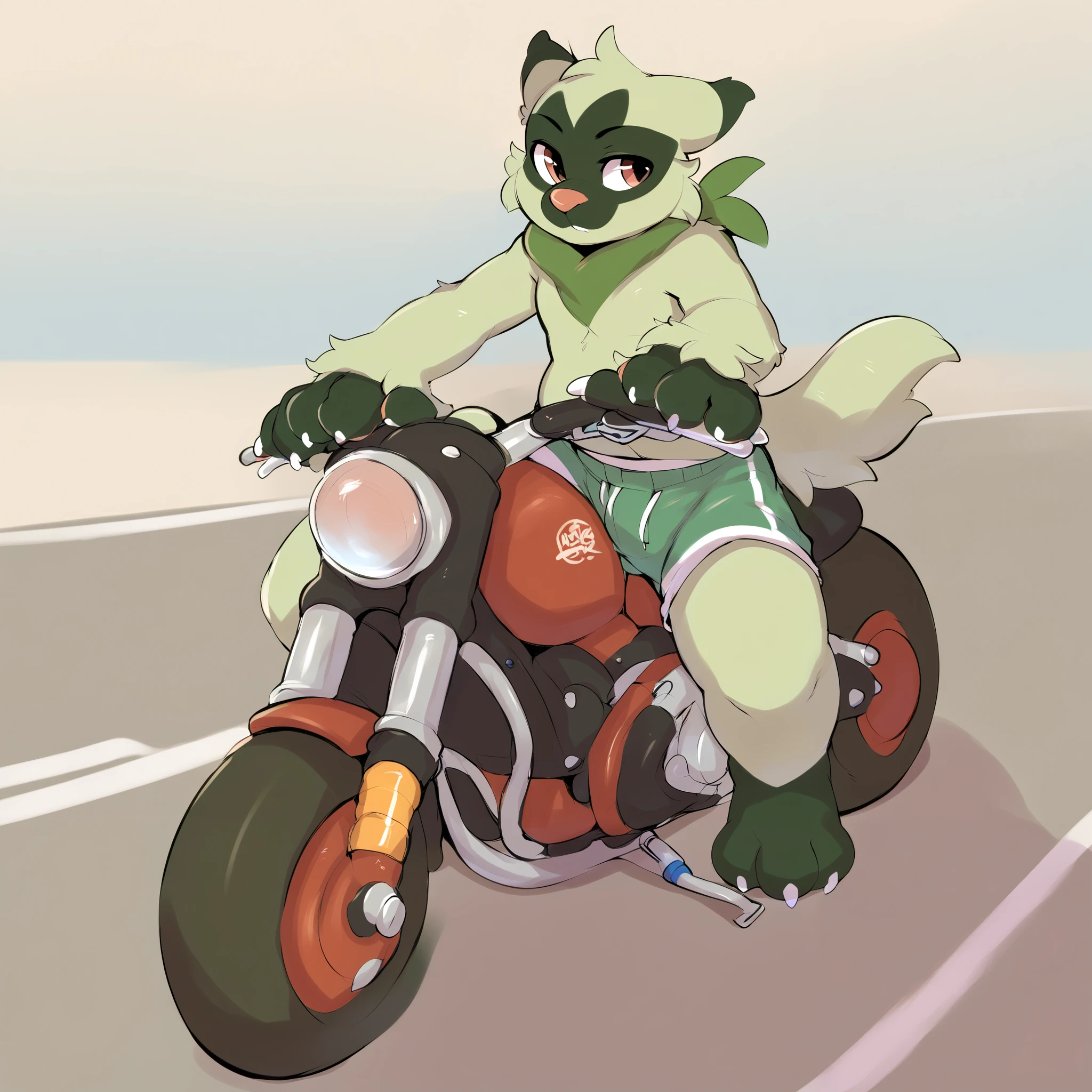 by seth-iova, furry, anthro, floragato, looking slightly left, male, wearing boxers, sitting on a motorcycle, in a road, rain
