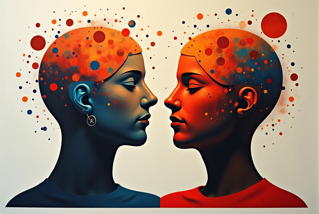 Abstract environment with warm and cool colors mixed together, golden, to reflect emotional intelligence with a brain and a heart 