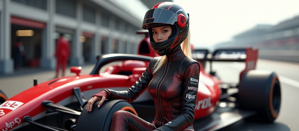 araffe in a black latex outfit standing next to a car, karol bak uhd, inspired by Hedi Xandt, sportscar, on a racetrack, on a street race track, futuristic clothing and helmet, supercar, by Marshall Arisman, portrait shot 8 k, doja cat as cat woman, marc adamus, octane cgsociety