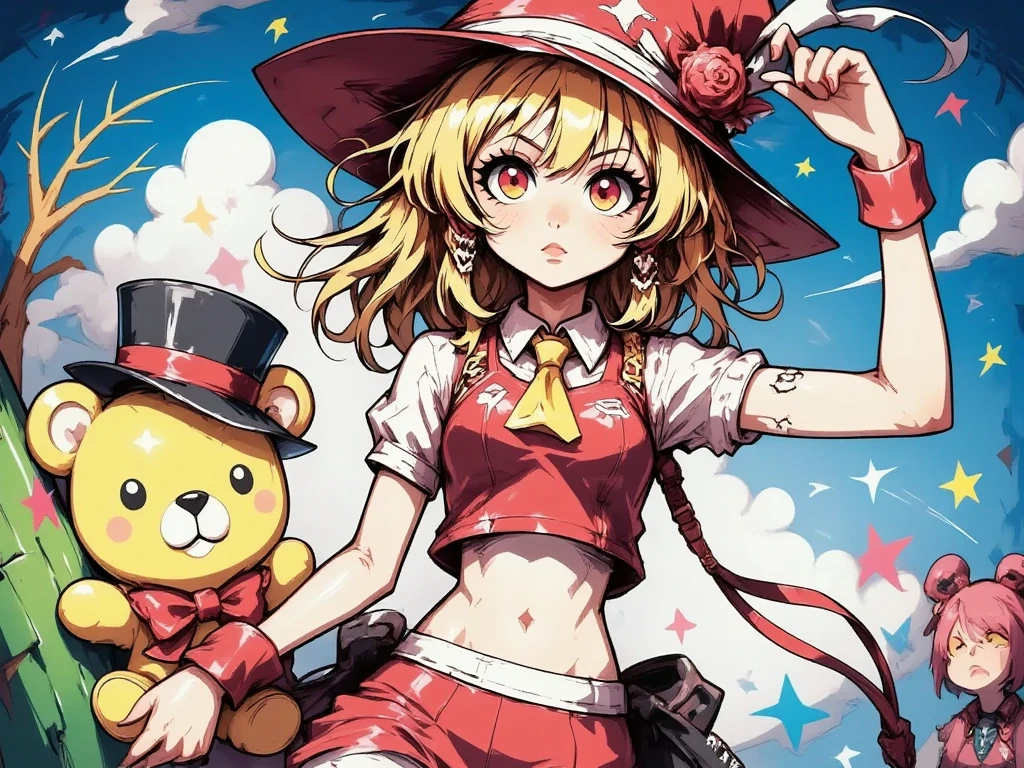 1 girl, Flandre Scarlet, Touhou Project, hat, hat redondo, Lonely, blonde, boneca de plush, vest vermelho, , plush, urso de plush,  red eyes , , vest, white ornament ,  outdoor, short sleeve,  looking up, holding ,  puffy sleeves , skirt, shirt,  pointy ears, skirt vermelha,  looking at the spectator ,  puffy sleeves  curtas, yellow tie, fists, shirt branca, segurando boneca de plush, ties, ruffles, red bow, shirt com gola, ties, gola de shirt com ruffles, red bow,  medium length hair ,  masterpiece ,  best quality , aesthetics,  High resolution 