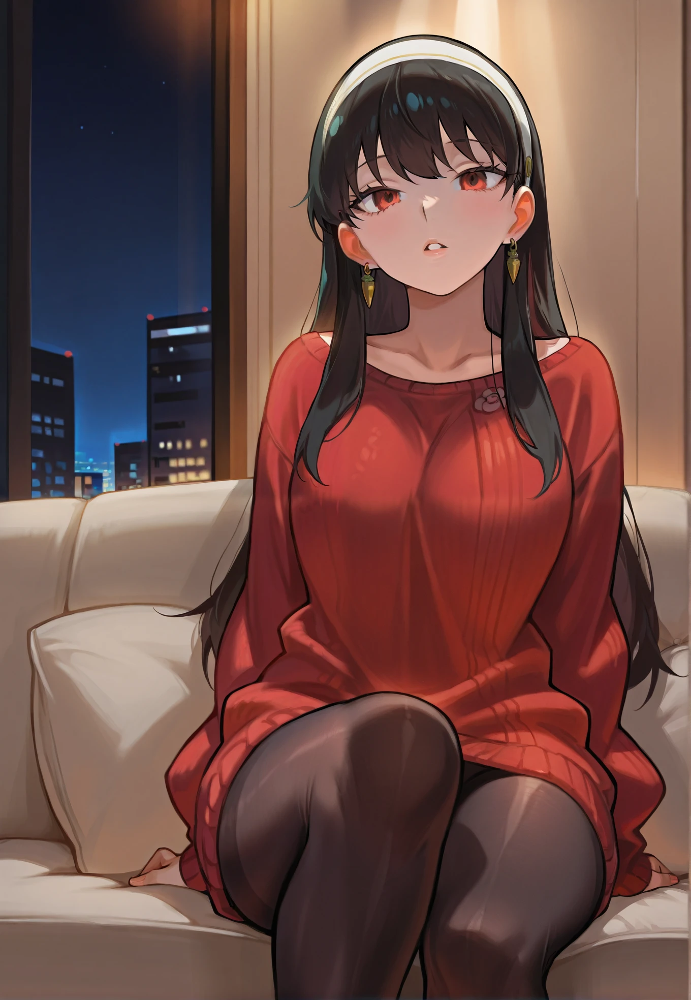 Dog 1、Woman 1、Red miniature dachshund、Red miniature dachshund long hair、dog&#39;color is red、woman with very long black hair、Busty women、Spectacular views、Night Scene、The view from the top of the hill、Full moon night sky、swirling starry sky、８K、Best Quality、詳しいdogの顔、The woman is facing the opposite direction、Ria、I can't see a woman's face、The whole body is in the photo、Like the night view of Tokyo、The woman is wearing a miniskirt and her underwear is visible.、Pantyhose legs、Female squatting